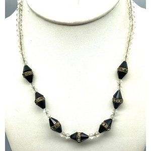 Vintage Art Deco Crystal Bead Necklace, Clear Faceted Fabulous Strand with Black